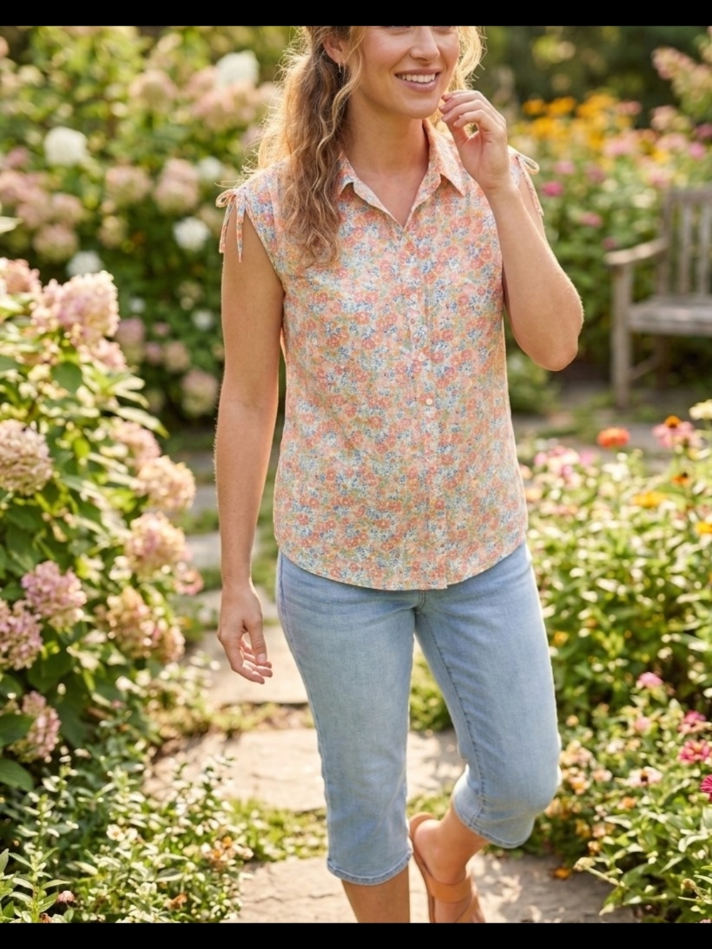 croft & barrow Women's Peach Floral Tie-Shoulder Sleeveless Blouse Size Medium